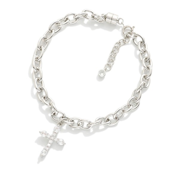 Magnetic Chain Link Bracelet Featuring Cubic Zirconia Cross Charm 

- Gold Dipped
- Approximately 3" D
- Extender 1" L