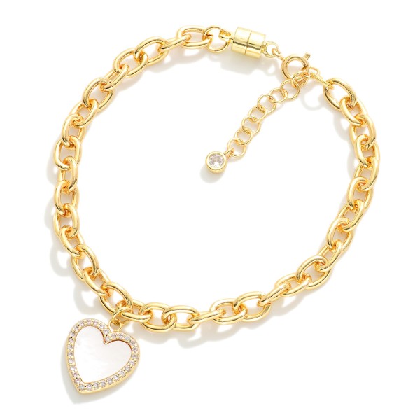 Magnetic Chain Link Bracelet Featuring Pearl & Cubic Zirconia Heart Charm

- Gold Dipped
- Approximately 2.5" D
- Extender 1" L