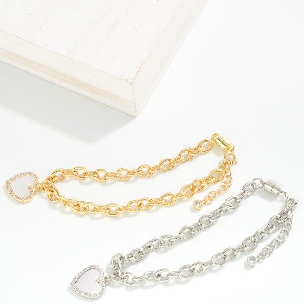 Magnetic Chain Link Bracelet Featuring Pearl & Cubic Zirconia Heart Charm

- Gold Dipped
- Approximately 2.5" D
- Extender 1" L