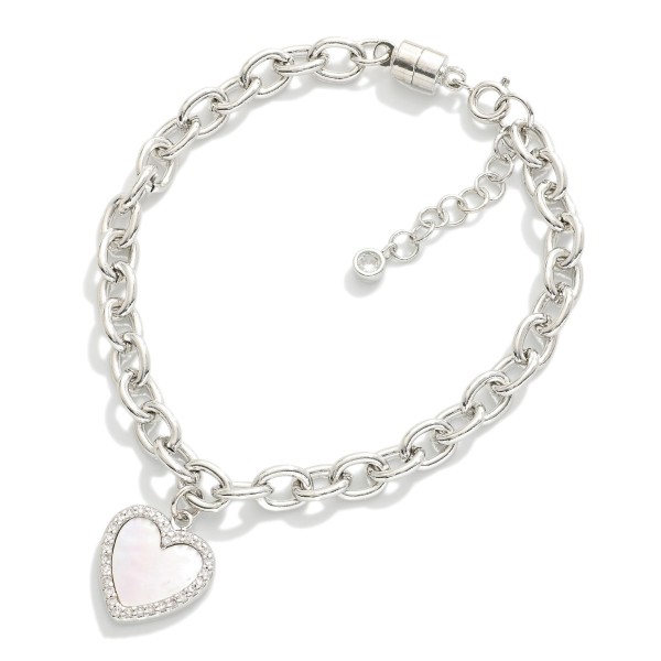 Magnetic Chain Link Bracelet Featuring Pearl & Cubic Zirconia Heart Charm

- Gold Dipped
- Approximately 2.5" D
- Extender 1" L