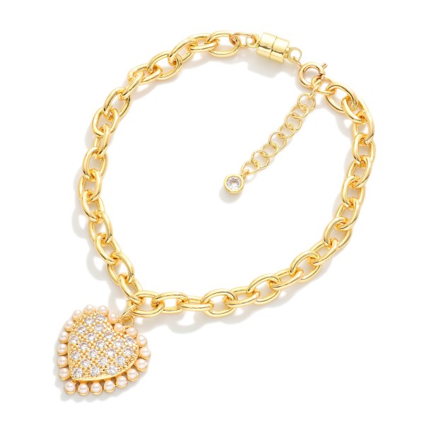Magnetic Chain Link Bracelet Featuring Cubic Zirconia & Pearl Heart Charm 

- Gold Dipped
- Approximately 2.5" D
- Extender 1" L