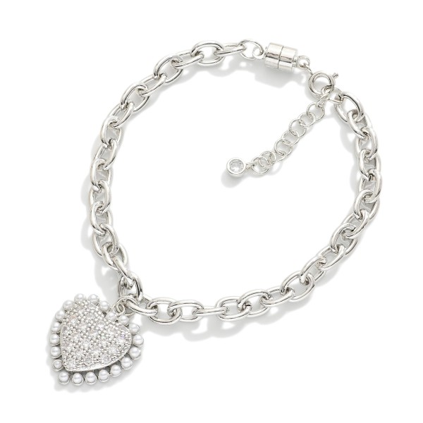 Magnetic Chain Link Bracelet Featuring Cubic Zirconia & Pearl Heart Charm 

- Gold Dipped
- Approximately 2.5" D
- Extender 1" L
