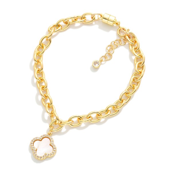 Magnetic Chain Link Bracelet Featuring Cubic Zirconia & Pearl Clover Charm 

- Gold Dipped 
- Approximately 3" D
- Extender 1" L