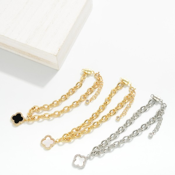 Magnetic Chain Link Bracelet Featuring Cubic Zirconia & Pearl Clover Charm 

- Gold Dipped 
- Approximately 3" D
- Extender 1" L
