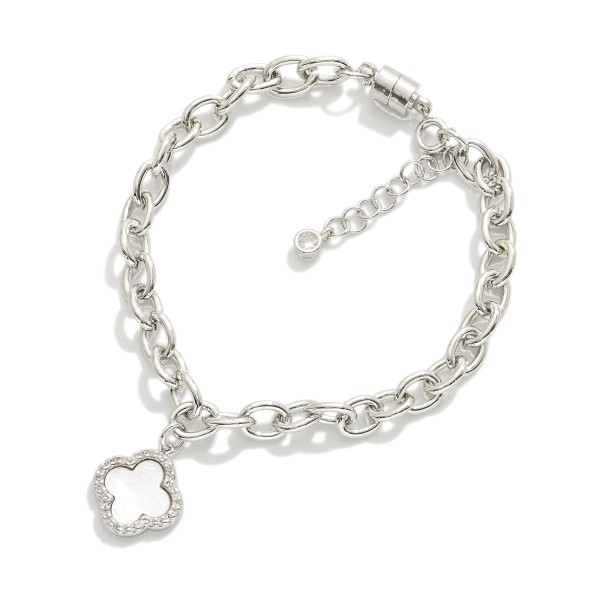 Magnetic Chain Link Bracelet Featuring Cubic Zirconia & Pearl Clover Charm 

- Gold Dipped 
- Approximately 3" D
- Extender 1" L