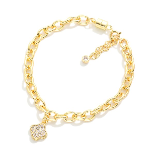 Magnetic Chain Link Bracelet Featuring Cubic Zirconia Clover Charm 

- Gold Dipped 
- Approximately 3" D
- Extender 1" L