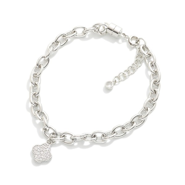 Magnetic Chain Link Bracelet Featuring Cubic Zirconia Clover Charm 

- Gold Dipped 
- Approximately 3" D
- Extender 1" L