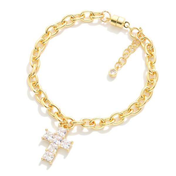 Magnetic Chain Link Bracelet Featuring Cubic Zirconia Cross Charm

- Gold Dipped
- Approximately 2.5" D
- Extender 1" L