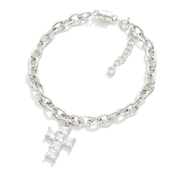 Magnetic Chain Link Bracelet Featuring Cubic Zirconia Cross Charm

- Gold Dipped
- Approximately 2.5" D
- Extender 1" L