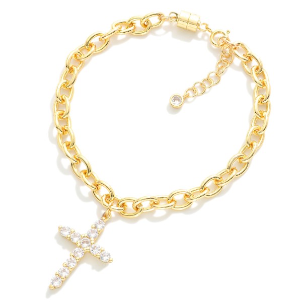 Magnetic Chain Link Bracelet Featuring Cubic Zirconia Cross Charm

- Gold Dipped
- Approximately 2.5" D
- Extender 1" L