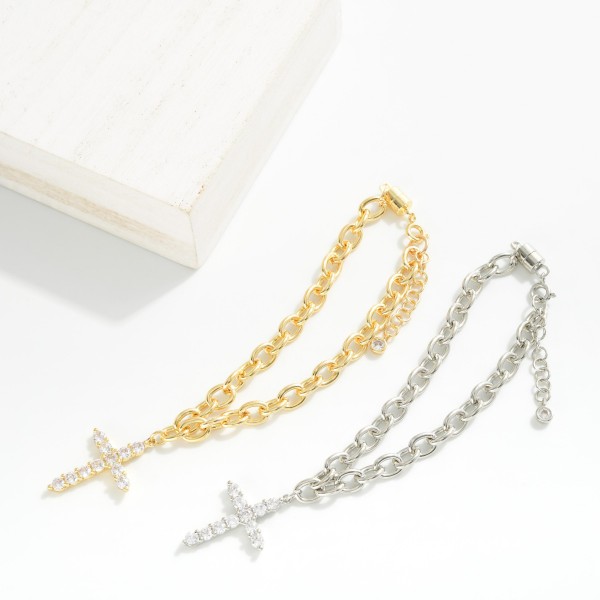 Magnetic Chain Link Bracelet Featuring Cubic Zirconia Cross Charm

- Gold Dipped
- Approximately 2.5" D
- Extender 1" L