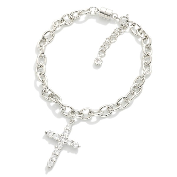 Magnetic Chain Link Bracelet Featuring Cubic Zirconia Cross Charm

- Gold Dipped
- Approximately 2.5" D
- Extender 1" L