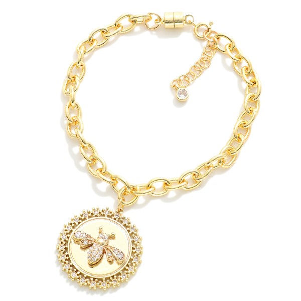 Magnetic Chain Link Bracelet Featuring Cubic Zirconia Bee Medallion 

- Gold Dipped 
- Approximately 3" D
- Extender 1" L