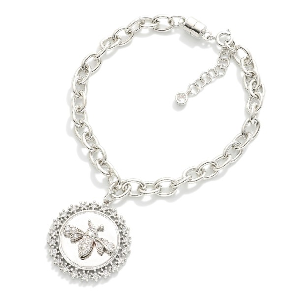 Magnetic Chain Link Bracelet Featuring Cubic Zirconia Bee Medallion 

- Gold Dipped 
- Approximately 3" D
- Extender 1" L