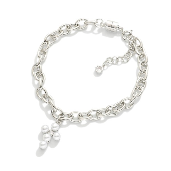 Magnetic Chain Link Bracelet Featuring Pearl Cross Charm  

- Gold Dipped
- Approximately 3" D
- Extender 1" L 