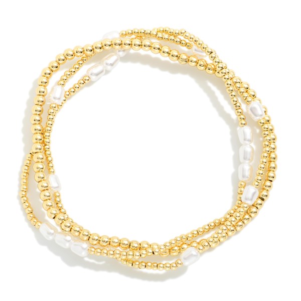 Set Of Three Metal Tone & Pearl Beaded Stretch Bracelets 

- Approximately 2.5" D