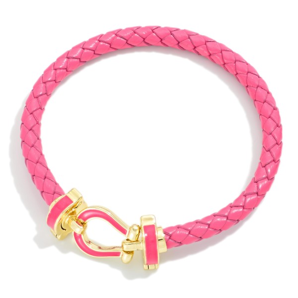 Braided Leather Bracelet Featuring Gold Tone Clasp With Enamel Accents 

-  Approximately 2.5" D
- Gold Dipped
- Hypoallergenic 