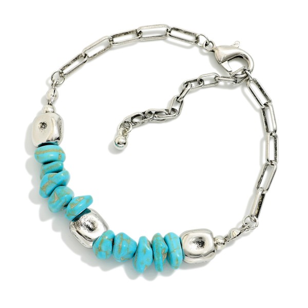 Metal Tone Chain Link Beaded Bracelet Featuring Turquoise Accents

- Approximately 2.5"  