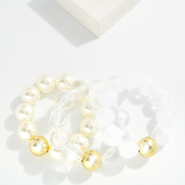 Marbled Acetate Beaded Stretch Bracelets Featuring Metal Tone 

- Approximately 3" D
