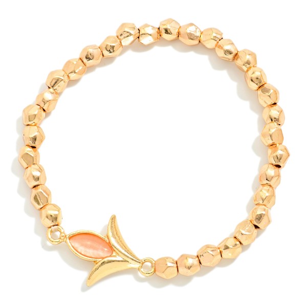 Metal Tone Beaded Stretch Bracelet Featuring Metal Tulip Shaped Charm 

- Approximately 2.5" D 