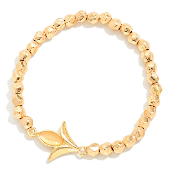 Metal Tone Beaded Stretch Bracelet Featuring Metal Tulip Shaped Charm 

- Approximately 2.5" D 