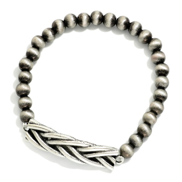 Brushed Metal Tone Beaded Stretch Bracelet Featuring Braided Metal Charm 

- Approximately 2.5"  
