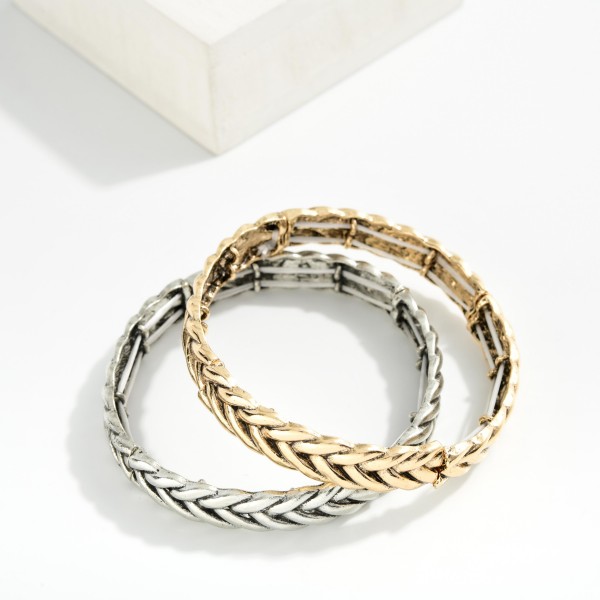 Metal Tone Braided Bangle Stretch Bracelet 

- Approximately 2.5" D 