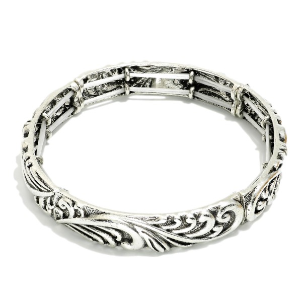 Metal Tone Bangle Stretch Bracelet Featuring Rococo Engraving 

- Approximately 2.5" D 
