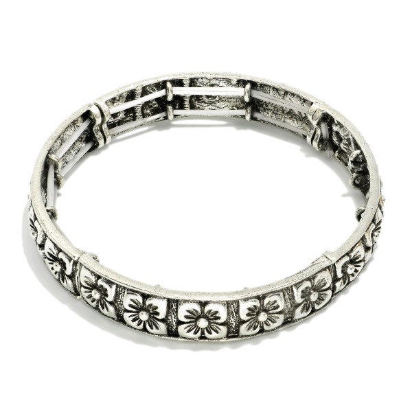 Metal Bangle Stretch Bracelet Featuring Engraved Flowers

- Approximately 2.5" D  