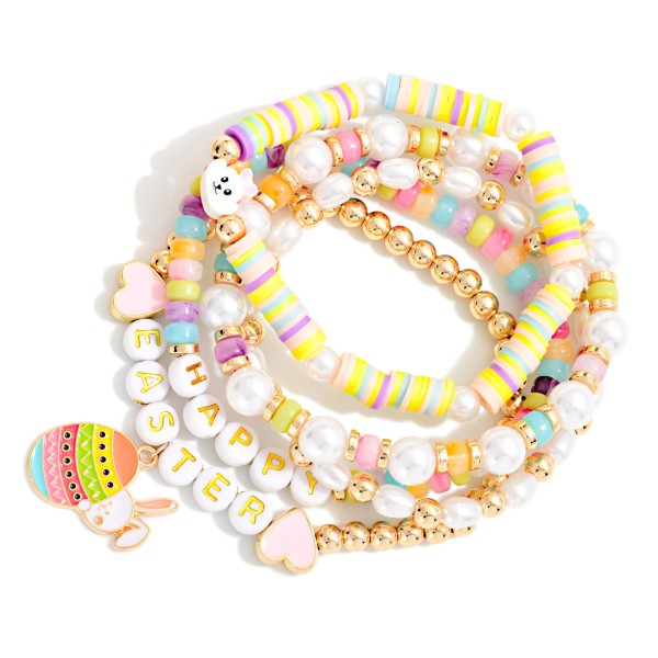 Set Of Five Multi Bead Stretch Bracelets Featuring "EASTER BUNNY" Beads & Hearts 

- Approximately 3" D