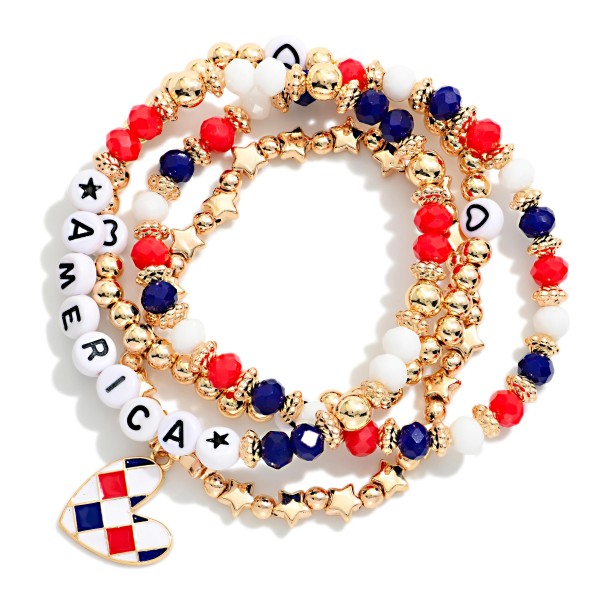 Set Of Four Americana Themed Stretch Bracelet Featuring Faceted Beads, Gold Tones, Heart Charm, And "AMERICA" Beaded Letters

- Approximately 3.5" D