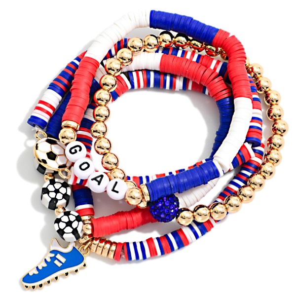 Set Of Five Americana Soccer Themed Stretch Bracelet Featuring Heishi Beads, Gold Tones, Charms, And "GOAL" Beaded Letters

- Approximately 3.5" D
