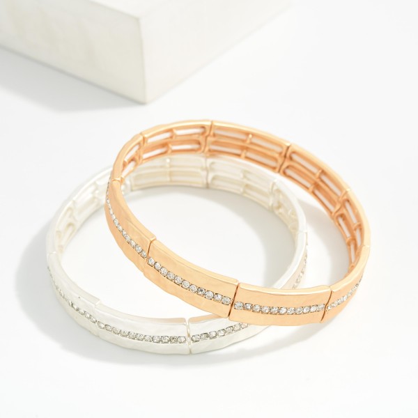 Hammered Metal Stretch Bangle Bracelet Featuring Rhinestone Details 

- Approximately 2.5" D
