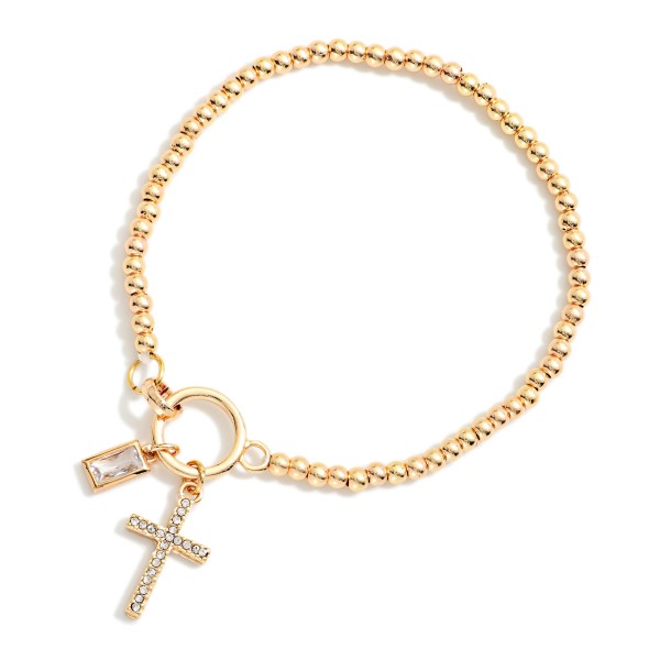 Metal Tone Beaded Stretch Bracelet Featuring Rhinestone Cross Charm 

- Approximately 2.5" D