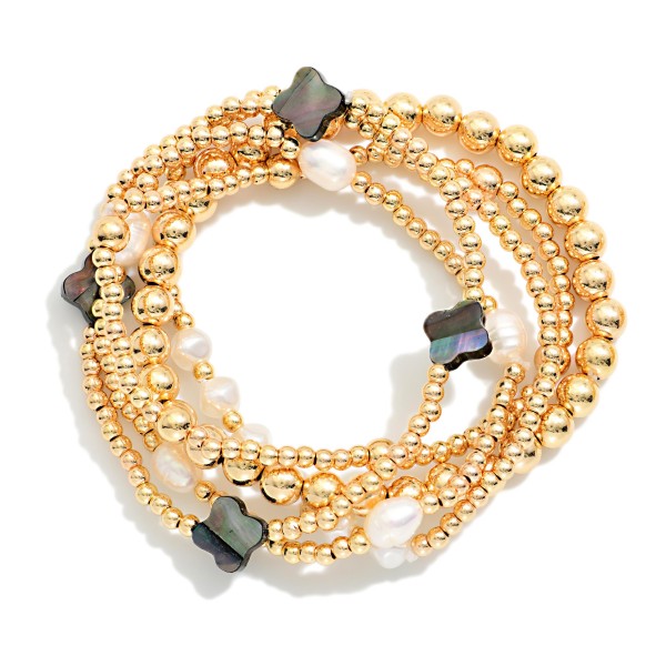Set Of Five Metal Tone Beaded Stretch Bracelets Featuring Pearls & Clovers 

- Approximately 2.5" D
