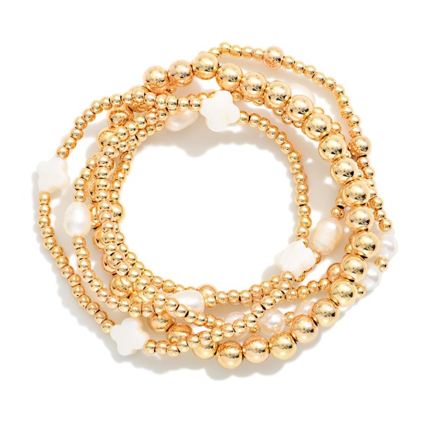 Set Of Five Metal Tone Beaded Stretch Bracelets Featuring Pearls & Clovers 

- Approximately 2.5" D