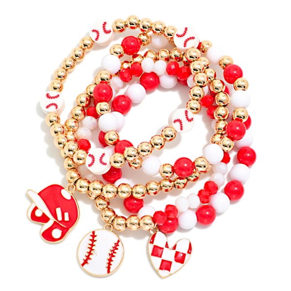 Set Of Five Baseball Beaded Stretch Bracelets Featuring Metal Tones & Enamel Charms 

- Approximately 3" D