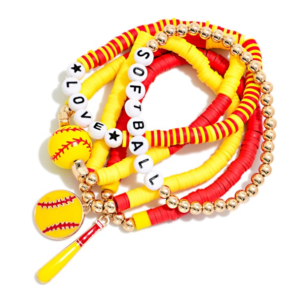 Set Of Five Heishi Bead Beaded Stretch Bracelets Featuring "LOVE SOFTBALL" Beads 

- Approximately 3" D