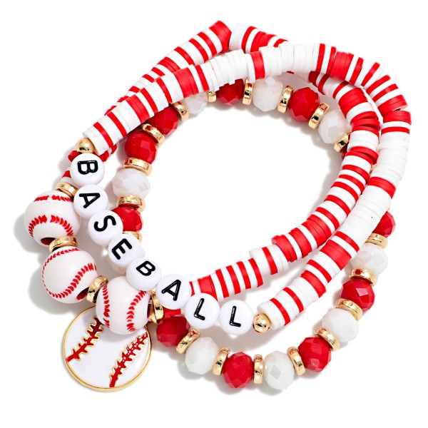 Set Of Three Heishi Bead Beaded Stretch Bracelets Featuring Baseball Beads & Charms 

- Approximately 3" L