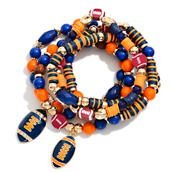 Set Of Five Game Day Beaded Stretch Bracelets Featuring Heishi Beads, Gold Tones, & Foot Ball Charms 

- Approximately 3.25" D