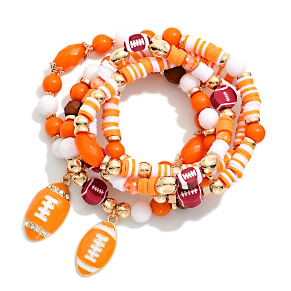Set Of Five Game Day Beaded Stretch Bracelets Featuring Heishi Beads, Gold Tones, & Foot Ball Charms 

- Approximately 3.25" D