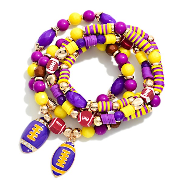 Set Of Five Game Day Beaded Stretch Bracelets Featuring Heishi Beads, Gold Tones, & Foot Ball Charms 

- Approximately 3.25" D