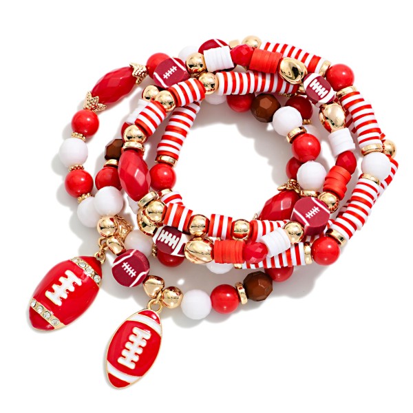 Set Of Five Game Day Beaded Stretch Bracelets Featuring Heishi Beads, Gold Tones, & Foot Ball Charms 

- Approximately 3.25" D