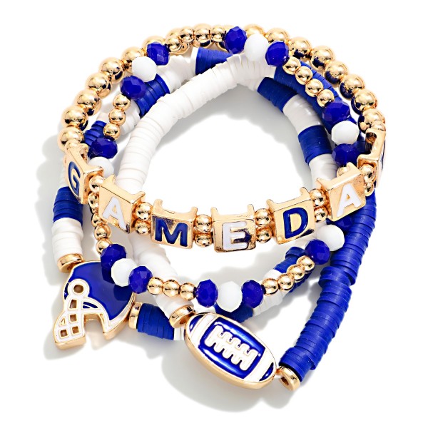 Set Of Four "Game Day" Heishi Beaded Stretch Bracelet Featuring Football Charms 

- Approximately 3.5" D 