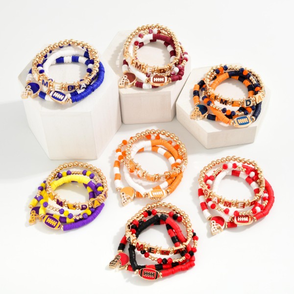 Set Of Four "Game Day" Heishi Beaded Stretch Bracelet Featuring Football Charms 

- Approximately 3.5" D 