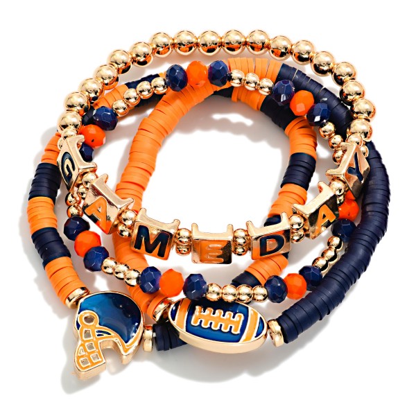 Set Of Four "Game Day" Heishi Beaded Stretch Bracelet Featuring Football Charms 

- Approximately 3.5" D 