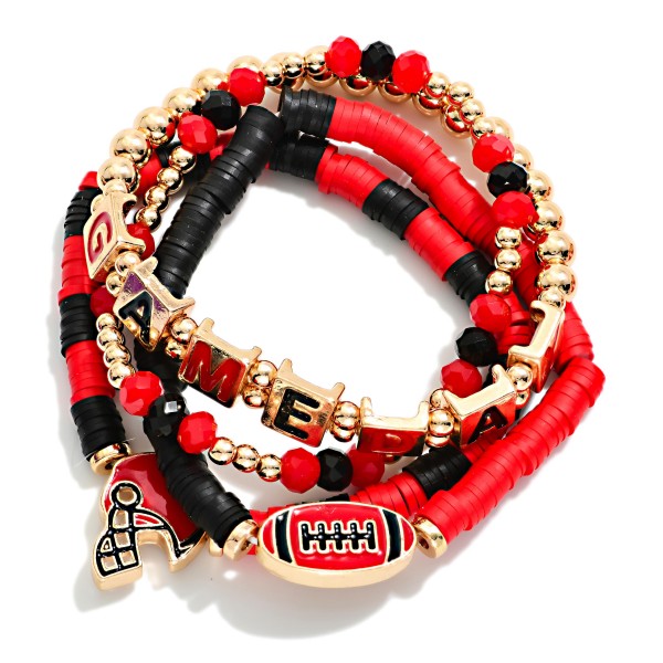Set Of Four "Game Day" Heishi Beaded Stretch Bracelet Featuring Football Charms 

- Approximately 3.5" D 
