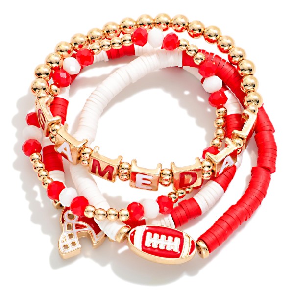 Set Of Four "Game Day" Heishi Beaded Stretch Bracelet Featuring Football Charms 

- Approximately 3.5" D 