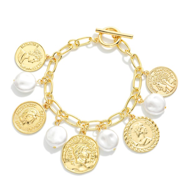 Chain Link Bracelet Featuring Metal Tone Medallion & Pearl Charms

- Approximately 2.5" D
