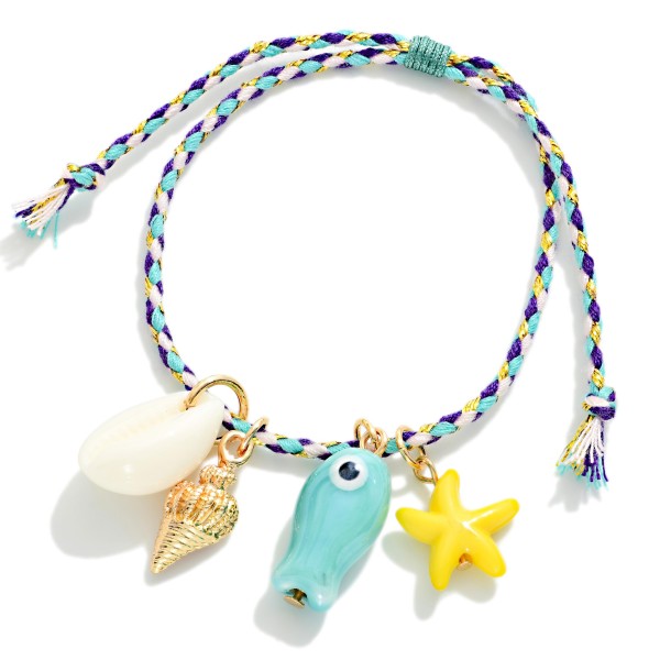 Braided String Bracelet With Shell & Porcelain Beach Charms 

- Approximately 2.5" D 